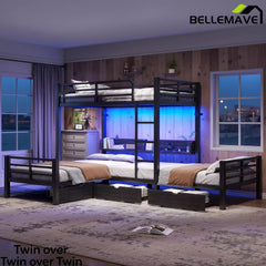 Bellemave® Triple Bunk Bed with Built-in Storage - Space Saving L-Shaped Loft Bed with LED Lighting & USB Ports for Kids, Twin over Twin & Twin, Black - Bellemave