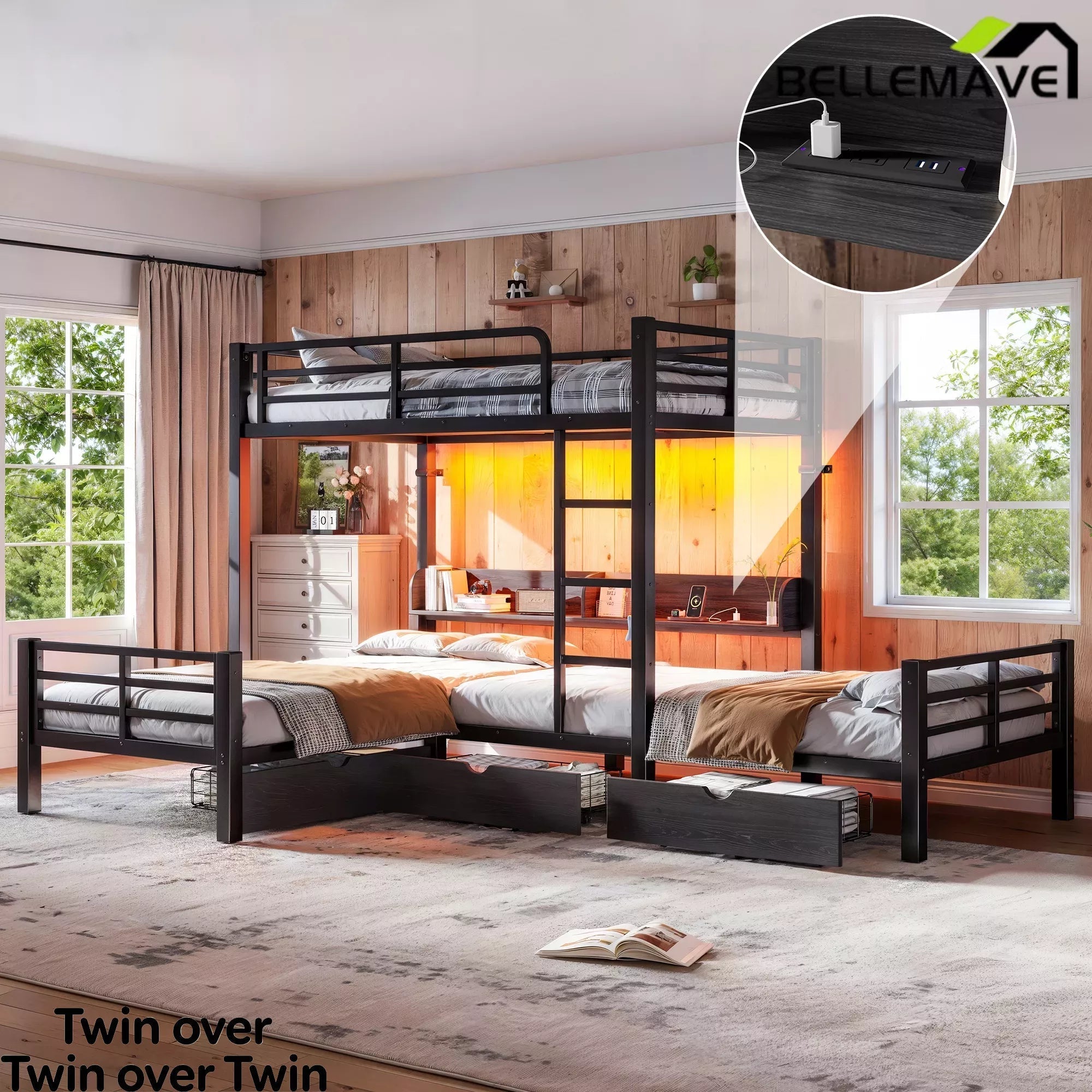 Bellemave® Triple Bunk Bed with Built-in Storage - Space Saving L-Shaped Loft Bed with LED Lighting & USB Ports for Kids, Twin over Twin & Twin, Black - Bellemave