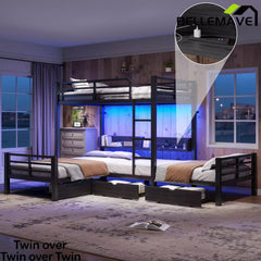 Bellemave® Triple Bunk Bed with Built-in Storage - Space Saving L-Shaped Loft Bed with LED Lighting & USB Ports for Kids, Twin over Twin & Twin, Black - Bellemave
