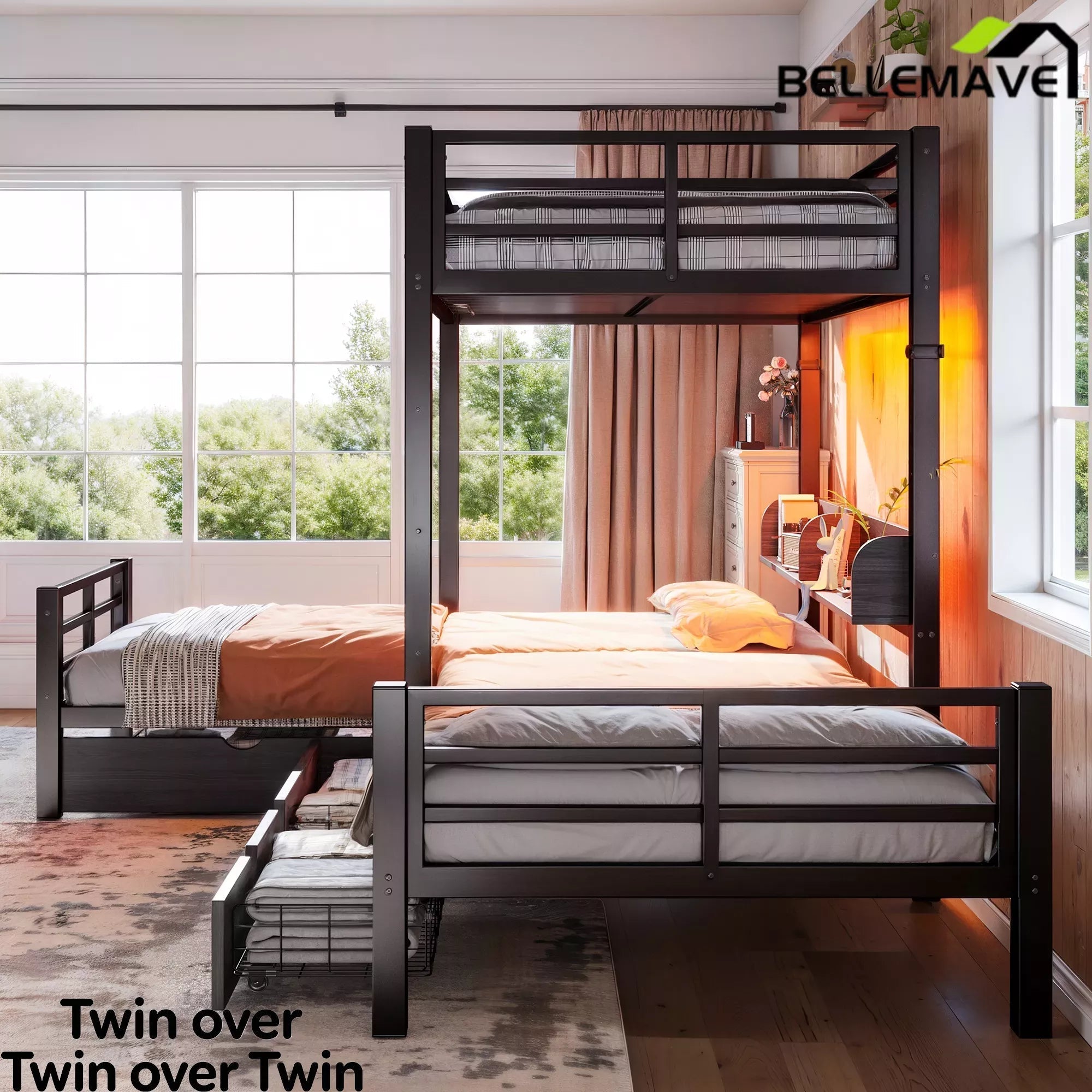 Bellemave® Triple Bunk Bed with Built-in Storage - Space Saving L-Shaped Loft Bed with LED Lighting & USB Ports for Kids, Twin over Twin & Twin, Black - Bellemave
