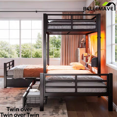 Bellemave® Triple Bunk Bed with Built-in Storage - Space Saving L-Shaped Loft Bed with LED Lighting & USB Ports for Kids, Twin over Twin & Twin, Black - Bellemave