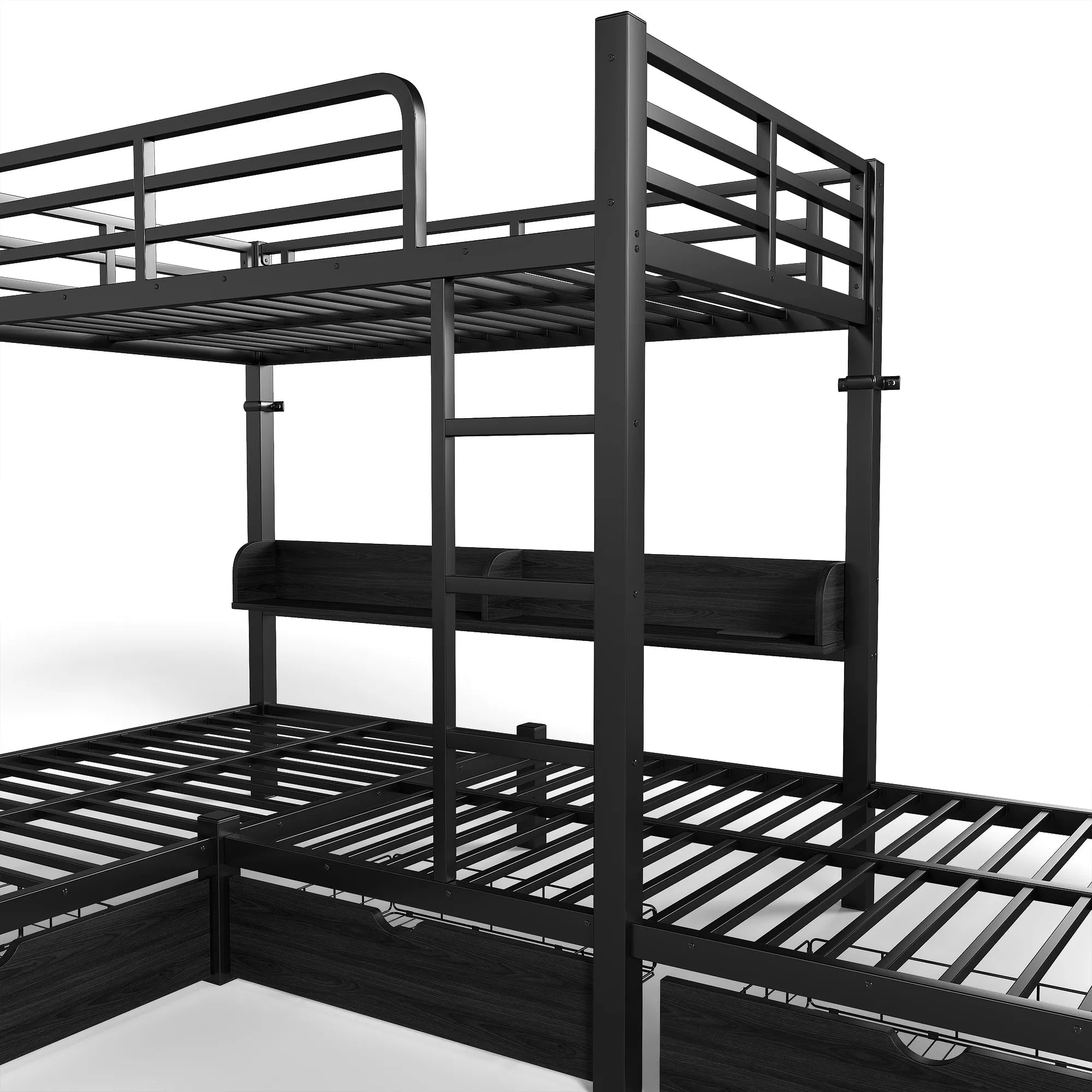 Bellemave® Triple Bunk Bed with Built-in Storage - Space Saving L-Shaped Loft Bed with LED Lighting & USB Ports for Kids, Twin over Twin & Twin, Black - Bellemave