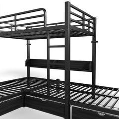 Bellemave® Triple Bunk Bed with Built-in Storage - Space Saving L-Shaped Loft Bed with LED Lighting & USB Ports for Kids, Twin over Twin & Twin, Black - Bellemave