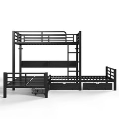 Bellemave® Triple Bunk Bed with Built-in Storage - Space Saving L-Shaped Loft Bed with LED Lighting & USB Ports for Kids, Twin over Twin & Twin, Black - Bellemave