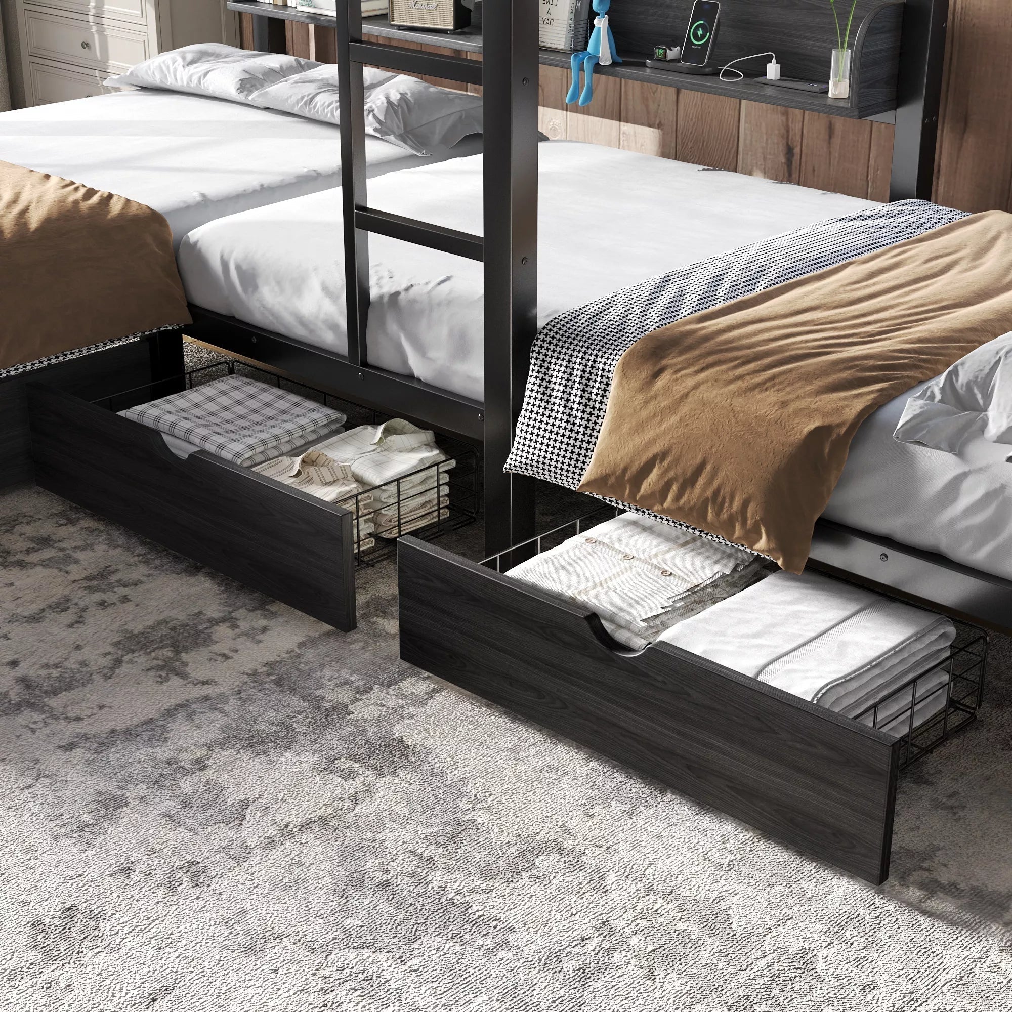 Bellemave® Triple Bunk Bed with Built-in Storage - Space Saving L-Shaped Loft Bed with LED Lighting & USB Ports for Kids, Twin over Twin & Twin, Black - Bellemave
