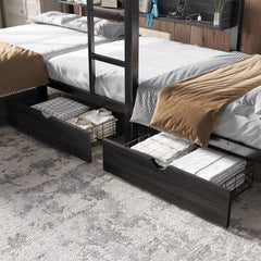 Bellemave® Triple Bunk Bed with Built-in Storage - Space Saving L-Shaped Loft Bed with LED Lighting & USB Ports for Kids, Twin over Twin & Twin, Black - Bellemave