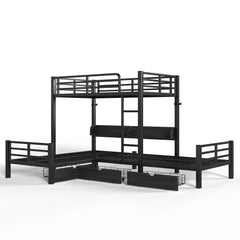 Bellemave® Triple Bunk Bed with Built-in Storage - Space Saving L-Shaped Loft Bed with LED Lighting & USB Ports for Kids, Twin over Twin & Twin, Black - Bellemave