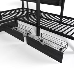Bellemave® Triple Bunk Bed with Built-in Storage - Space Saving L-Shaped Loft Bed with LED Lighting & USB Ports for Kids, Twin over Twin & Twin, Black - Bellemave