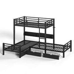 Bellemave® Triple Bunk Bed with Built-in Storage - Space Saving L-Shaped Loft Bed with LED Lighting & USB Ports for Kids, Twin over Twin & Twin, Black - Bellemave