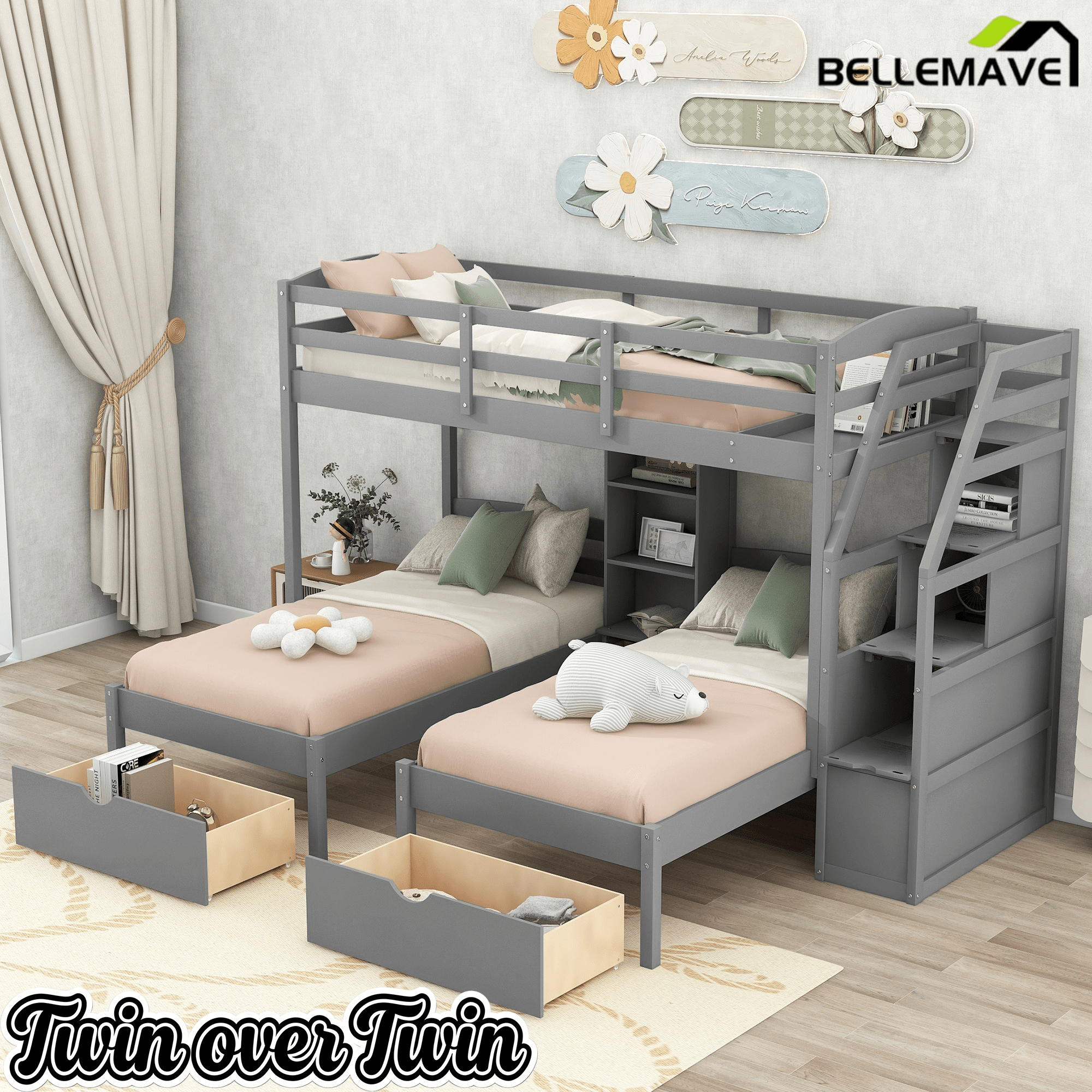 Bellemave® Triple Bunk Bed with Stairs & Drawers, Twin Over Twin Bunk Bed for 3, Staircase with Storage & Built - in Shelves, for Kids & Teens (Gray) - Bellemave