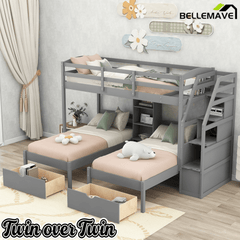 Bellemave® Triple Bunk Bed with Stairs & Drawers, Twin Over Twin Bunk Bed for 3, Staircase with Storage & Built - in Shelves, for Kids & Teens (Gray) - Bellemave
