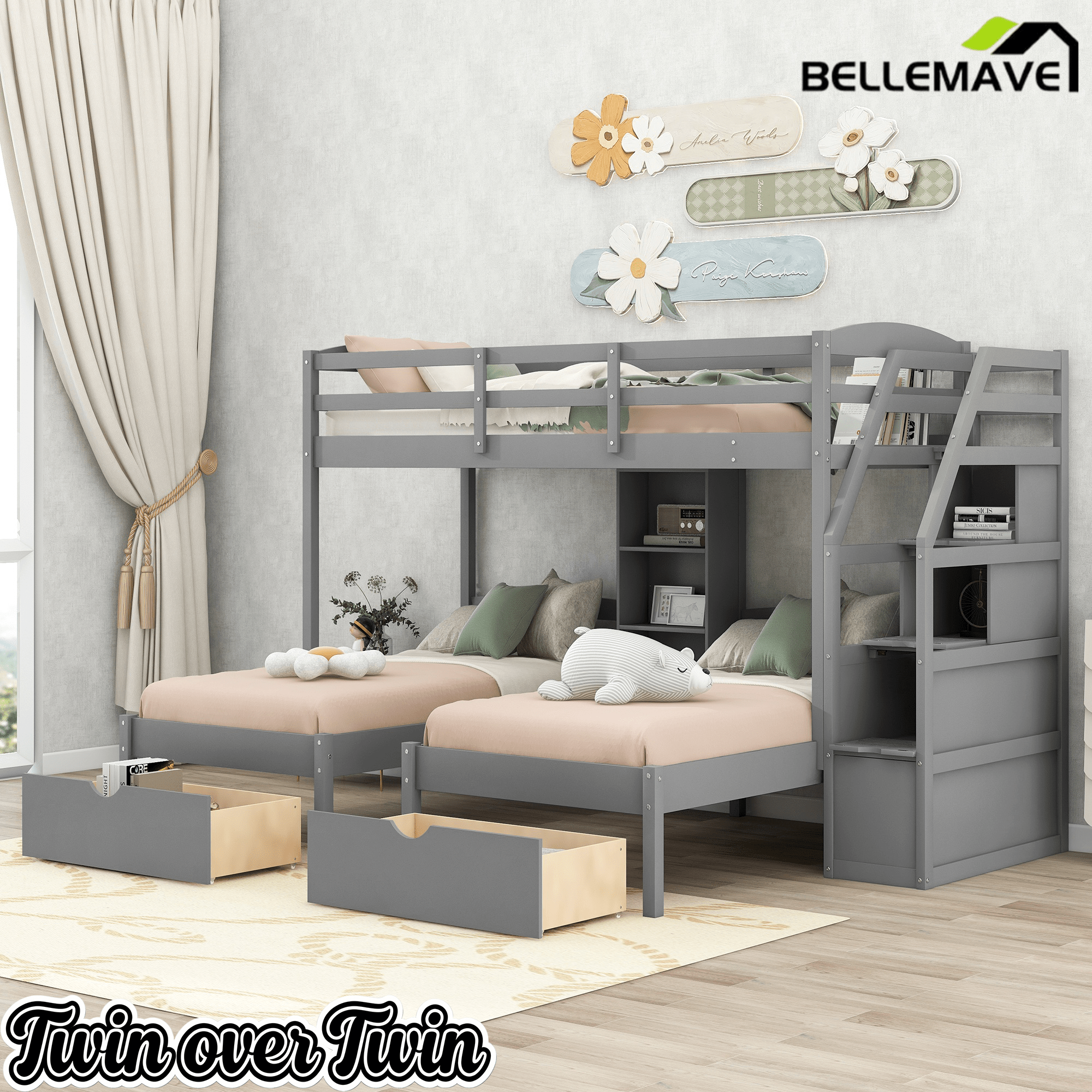 Bellemave® Triple Bunk Bed with Stairs & Drawers, Twin Over Twin Bunk Bed for 3, Staircase with Storage & Built - in Shelves, for Kids & Teens (Gray) - Bellemave