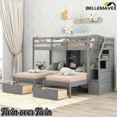 Bellemave® Triple Bunk Bed with Stairs & Drawers, Twin Over Twin Bunk Bed for 3, Staircase with Storage & Built - in Shelves, for Kids & Teens (Gray) - Bellemave