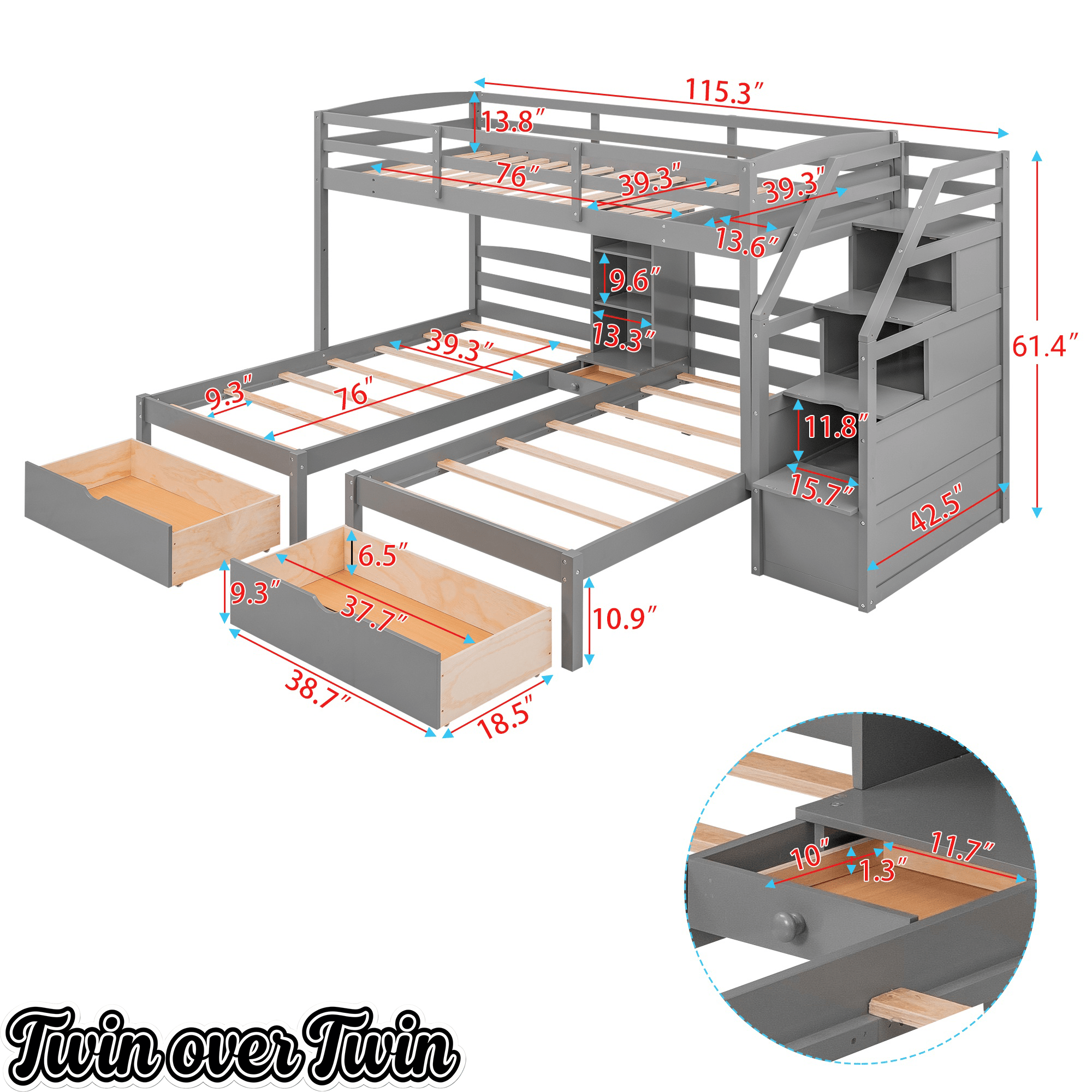 Bellemave® Triple Bunk Bed with Stairs & Drawers, Twin Over Twin Bunk Bed for 3, Staircase with Storage & Built - in Shelves, for Kids & Teens (Gray) - Bellemave