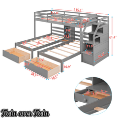 Bellemave® Triple Bunk Bed with Stairs & Drawers, Twin Over Twin Bunk Bed for 3, Staircase with Storage & Built - in Shelves, for Kids & Teens (Gray) - Bellemave