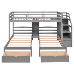 Bellemave® Triple Bunk Bed with Stairs & Drawers, Twin Over Twin Bunk Bed for 3, Staircase with Storage & Built - in Shelves, for Kids & Teens (Gray) - Bellemave