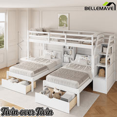 Bellemave® Triple Bunk Bed with Stairs & Drawers, Twin Over Twin Bunk Bed for 3, Staircase with Storage & Built - in Shelves, for Kids & Teens (Gray) - Bellemave