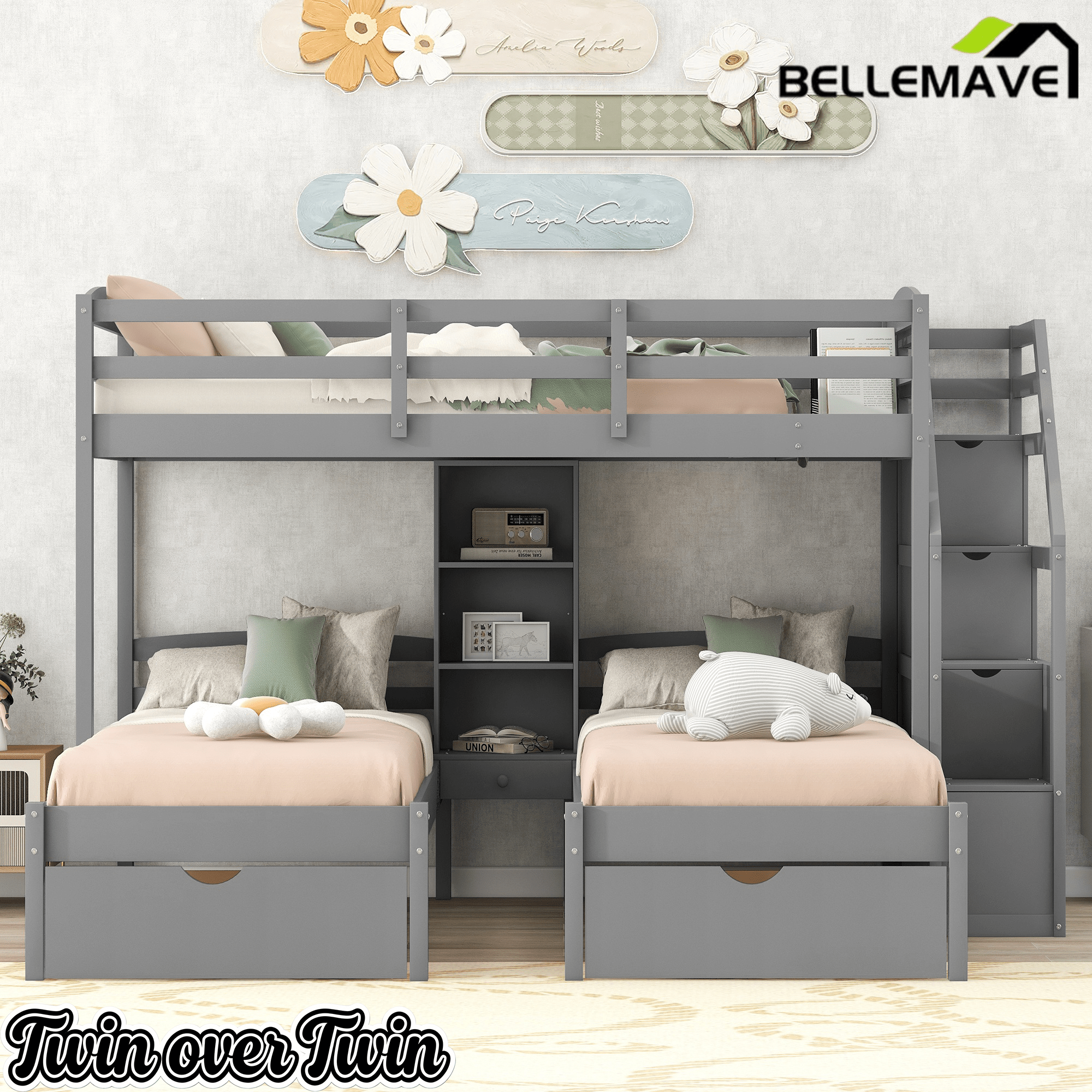 Bellemave® Triple Bunk Bed with Stairs & Drawers, Twin Over Twin Bunk Bed for 3, Staircase with Storage & Built - in Shelves, for Kids & Teens (Gray) - Bellemave