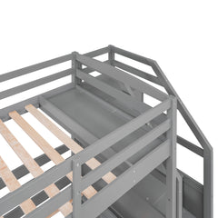 Bellemave® Triple Bunk Bed with Stairs & Drawers, Twin Over Twin Bunk Bed for 3, Staircase with Storage & Built - in Shelves, for Kids & Teens (Gray) - Bellemave