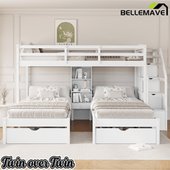 Bellemave® Triple Bunk Bed with Stairs & Drawers, Twin Over Twin Bunk Bed for 3, Staircase with Storage & Built - in Shelves, for Kids & Teens (Gray) - Bellemave
