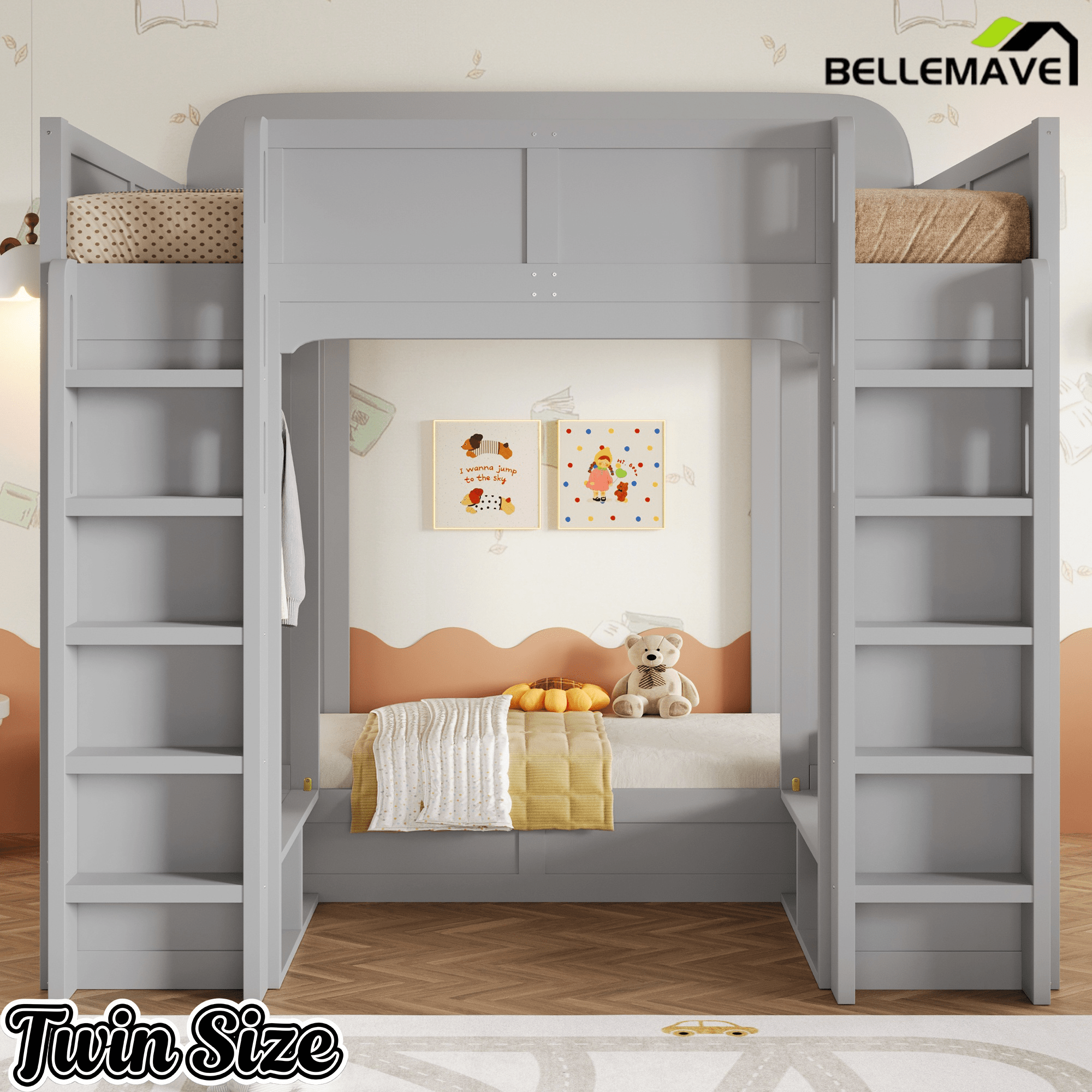 Bellemave® Triple Bunk Bed with Storage Shelves & Hooks, Twin Over Twin XL Loft Bed - Bellemave
