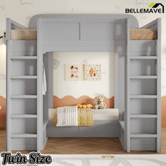 Bellemave® Triple Bunk Bed with Storage Shelves & Hooks, Twin Over Twin XL Loft Bed - Bellemave