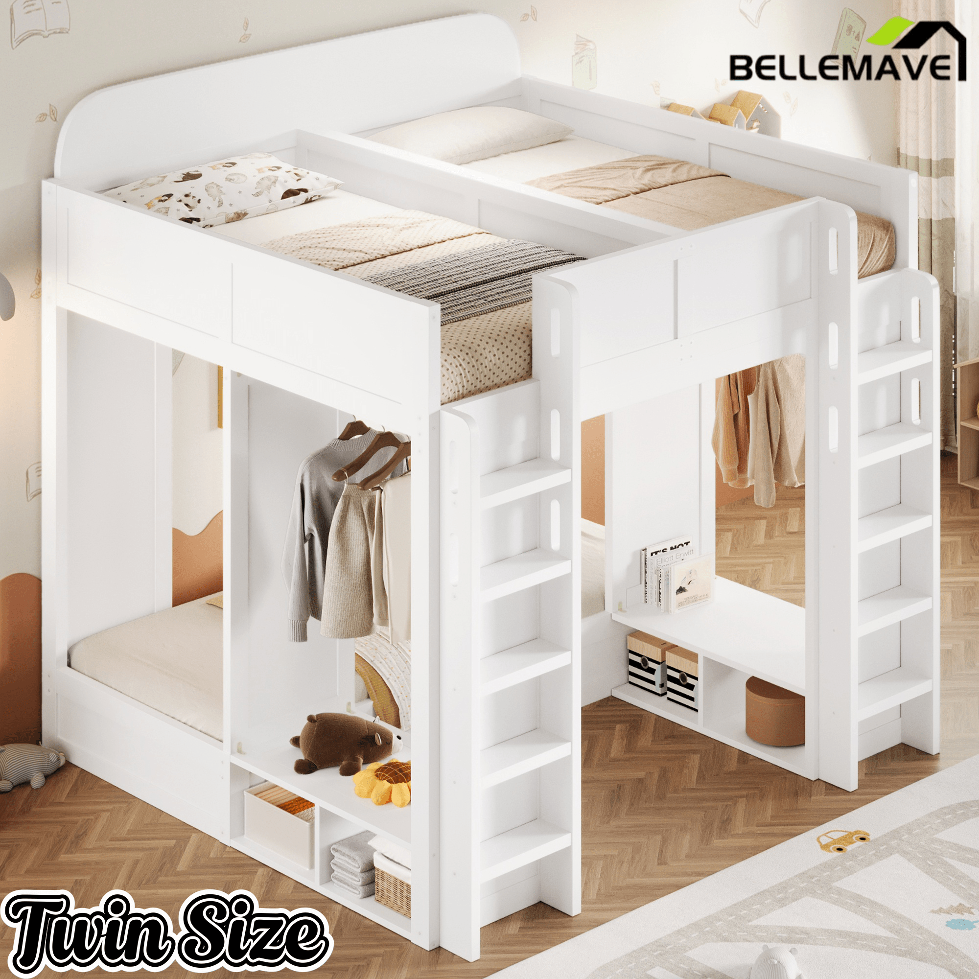 Bellemave® Triple Bunk Bed with Storage Shelves & Hooks, Twin Over Twin XL Loft Bed - Bellemave