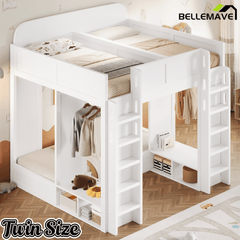 Bellemave® Triple Bunk Bed with Storage Shelves & Hooks, Twin Over Twin XL Loft Bed - Bellemave