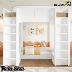 Bellemave® Triple Bunk Bed with Storage Shelves & Hooks, Twin Over Twin XL Loft Bed - Bellemave