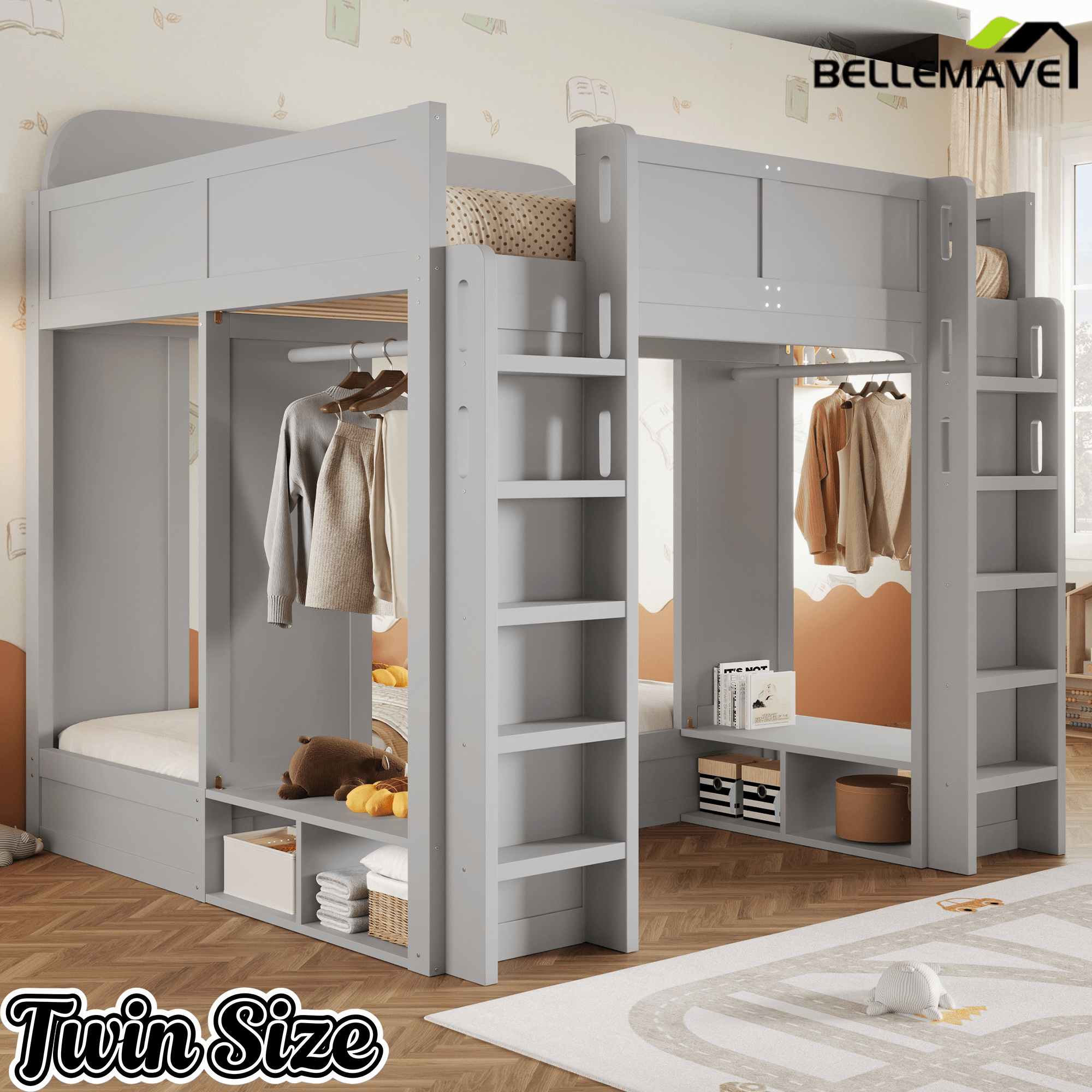 Bellemave® Triple Bunk Bed with Storage Shelves & Hooks, Twin Over Twin XL Loft Bed - Bellemave