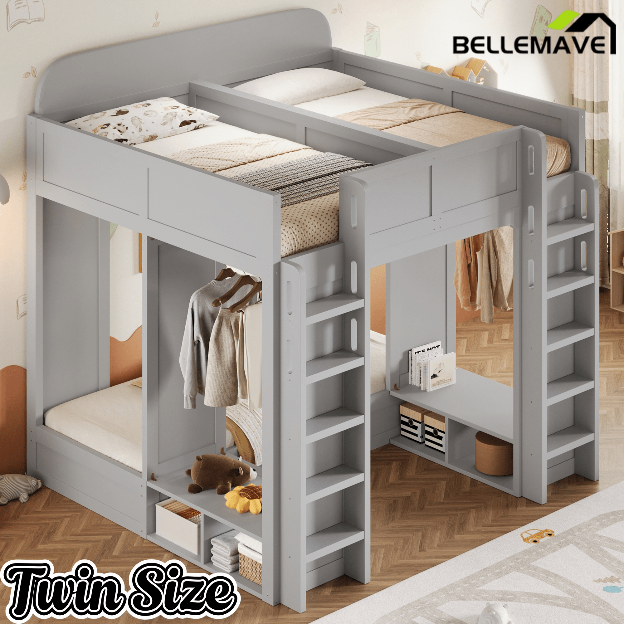 Bellemave® Triple Bunk Bed with Storage Shelves & Hooks, Twin Over Twin XL Loft Bed - Bellemave