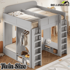 Bellemave® Triple Bunk Bed with Storage Shelves & Hooks, Twin Over Twin XL Loft Bed - Bellemave