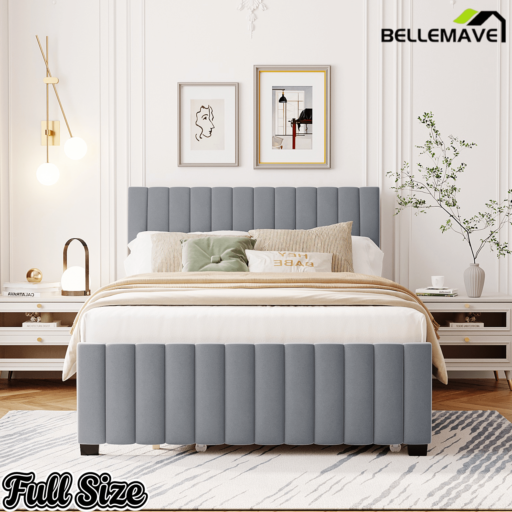 Bellemave® Trundle Bed Frame, Velvet Upholstered Platform Bed with Wood Slats, No Box Spring Needed – Modern Bedroom Furniture - Bellemave