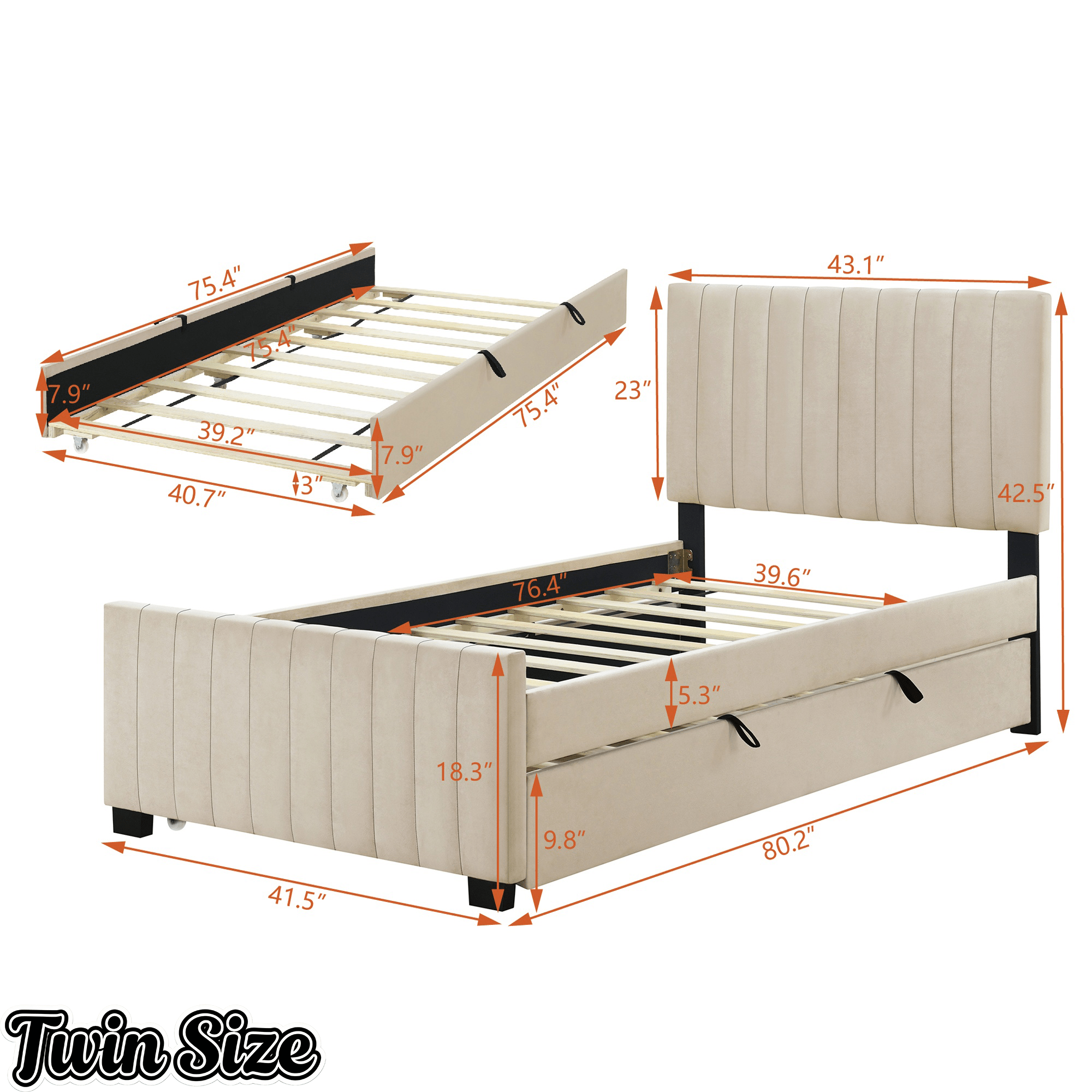 Bellemave® Trundle Bed Frame, Velvet Upholstered Platform Bed with Wood Slats, No Box Spring Needed – Modern Bedroom Furniture - Bellemave