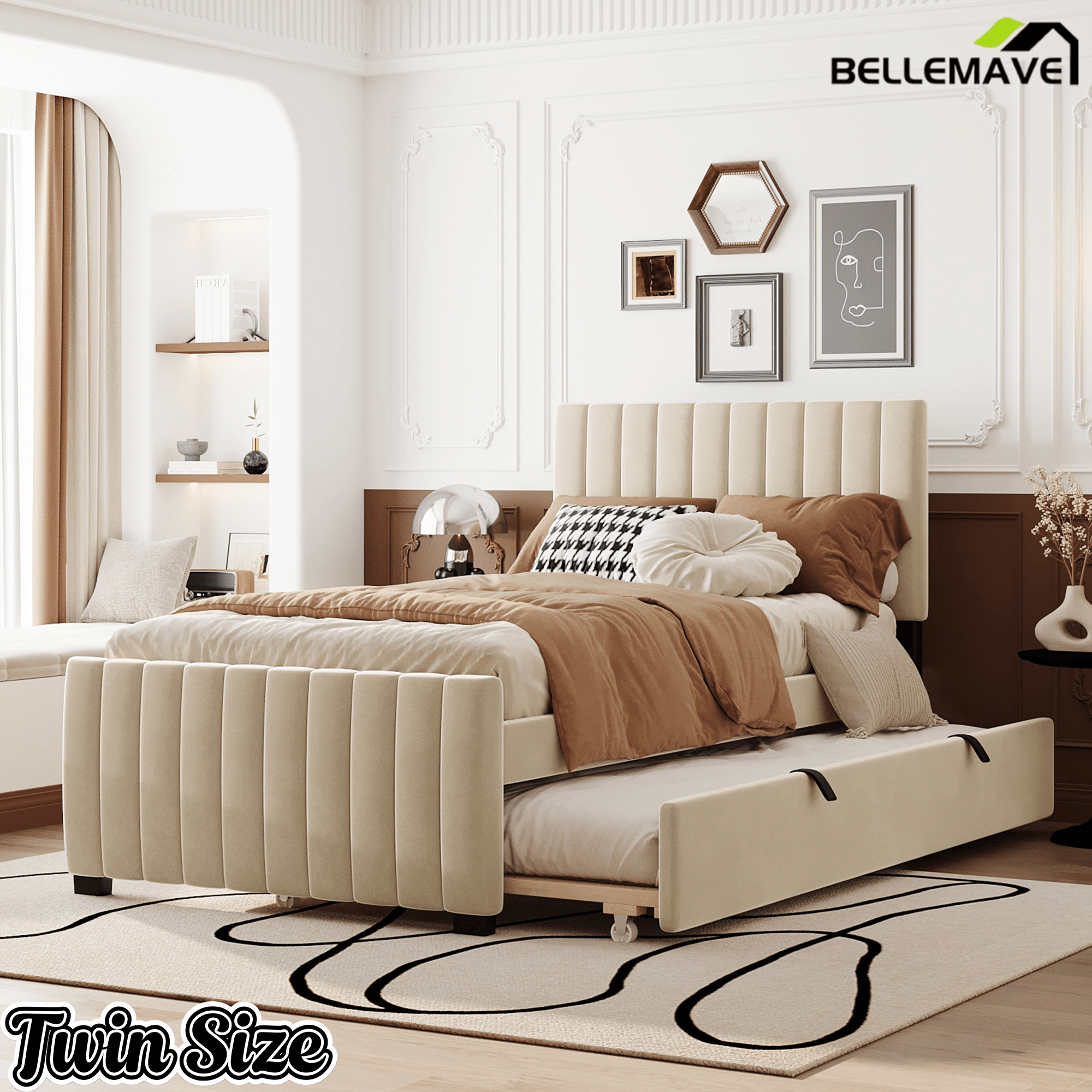 Bellemave® Trundle Bed Frame, Velvet Upholstered Platform Bed with Wood Slats, No Box Spring Needed – Modern Bedroom Furniture - Bellemave