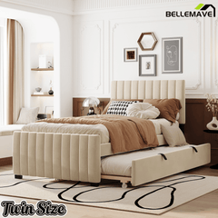 Bellemave® Trundle Bed Frame, Velvet Upholstered Platform Bed with Wood Slats, No Box Spring Needed – Modern Bedroom Furniture - Bellemave