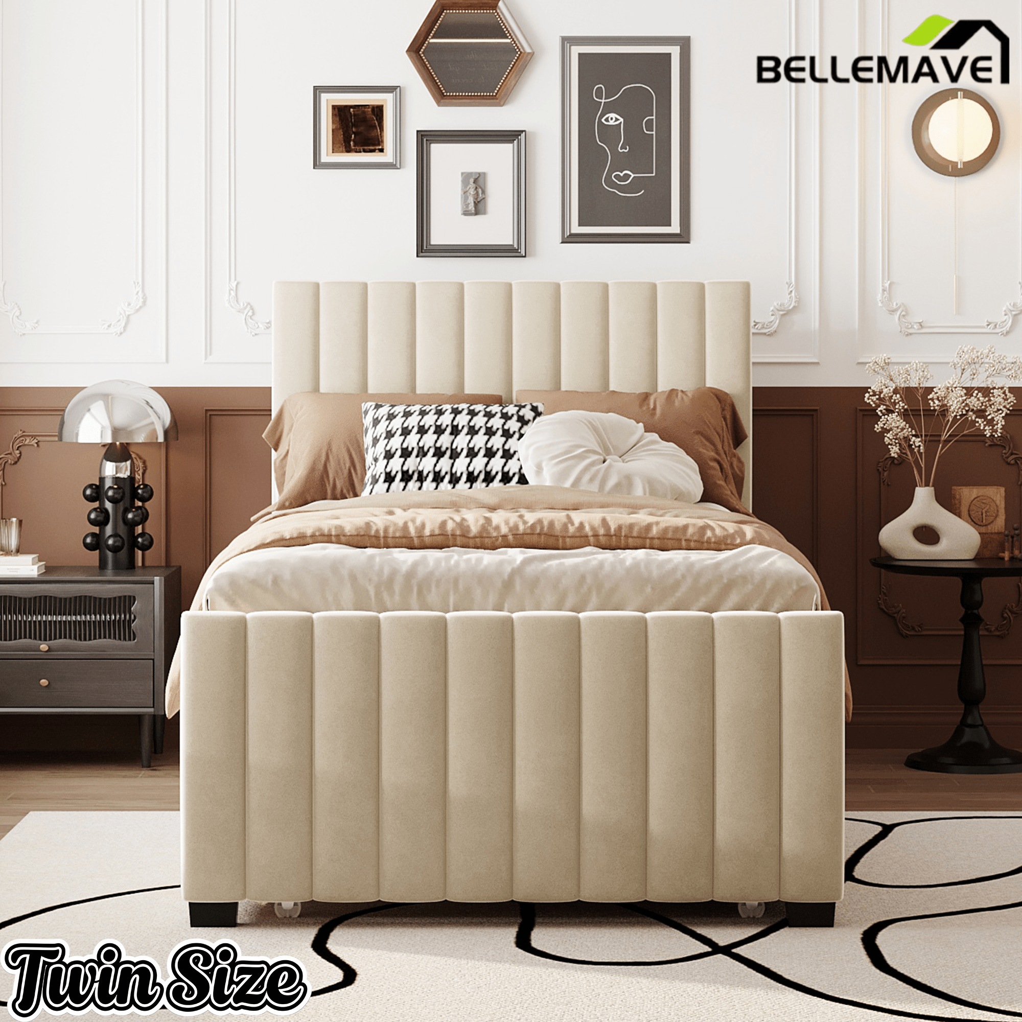 Bellemave® Trundle Bed Frame, Velvet Upholstered Platform Bed with Wood Slats, No Box Spring Needed – Modern Bedroom Furniture - Bellemave