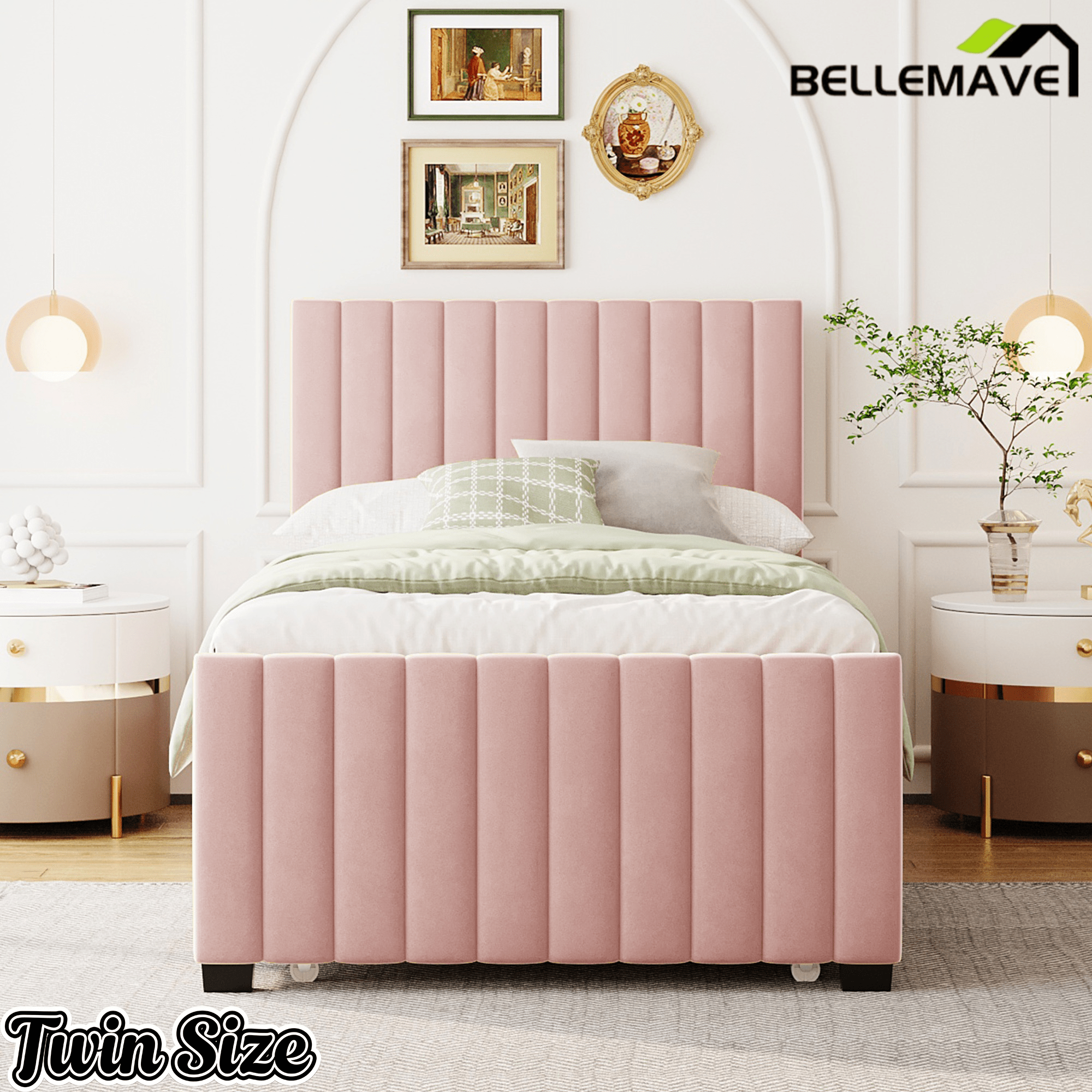 Bellemave® Trundle Bed Frame, Velvet Upholstered Platform Bed with Wood Slats, No Box Spring Needed – Modern Bedroom Furniture - Bellemave