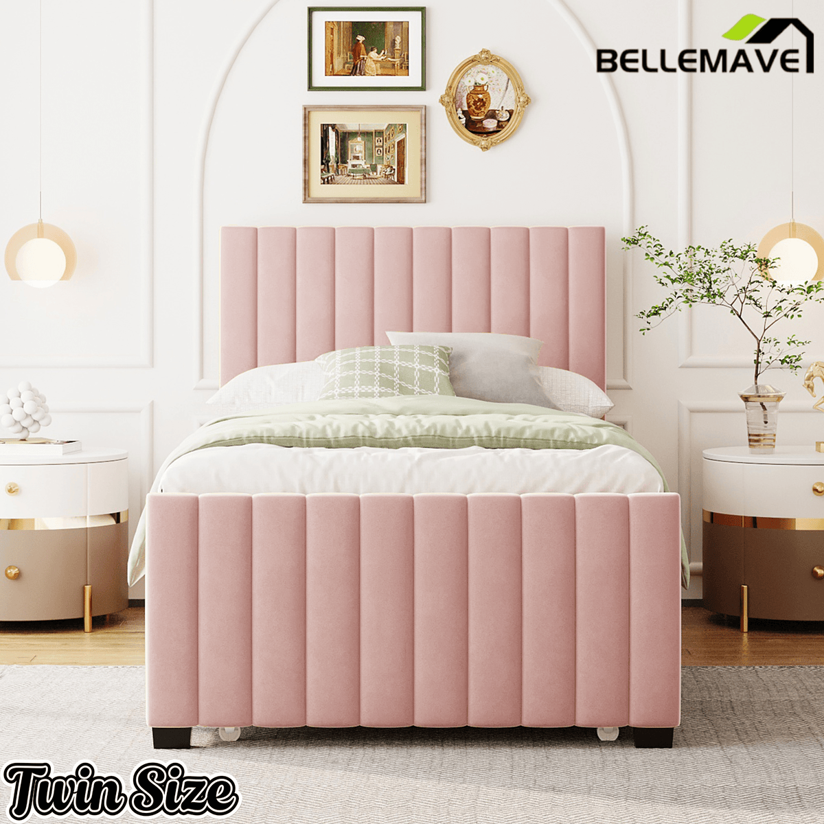 Bellemave® Trundle Bed Frame, Velvet Upholstered Platform Bed with Wood Slats, No Box Spring Needed – Modern Bedroom Furniture - Bellemave