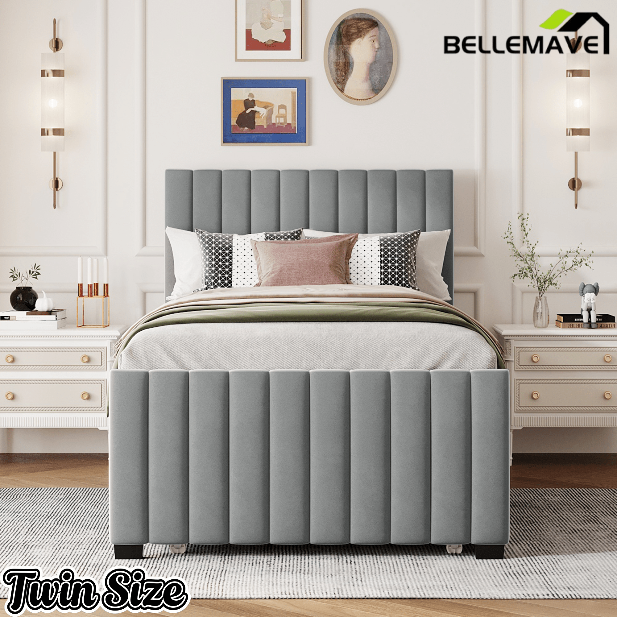 Bellemave® Trundle Bed Frame, Velvet Upholstered Platform Bed with Wood Slats, No Box Spring Needed – Modern Bedroom Furniture - Bellemave