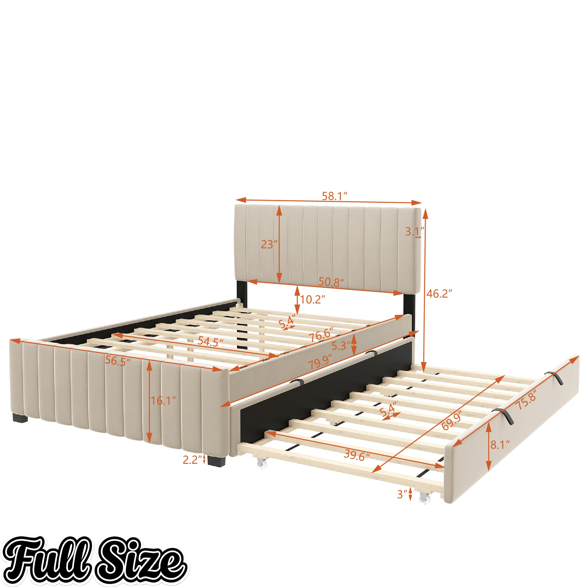 Bellemave® Trundle Bed Frame, Velvet Upholstered Platform Bed with Wood Slats, No Box Spring Needed – Modern Bedroom Furniture - Bellemave