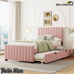 Bellemave® Trundle Bed Frame, Velvet Upholstered Platform Bed with Wood Slats, No Box Spring Needed – Modern Bedroom Furniture - Bellemave