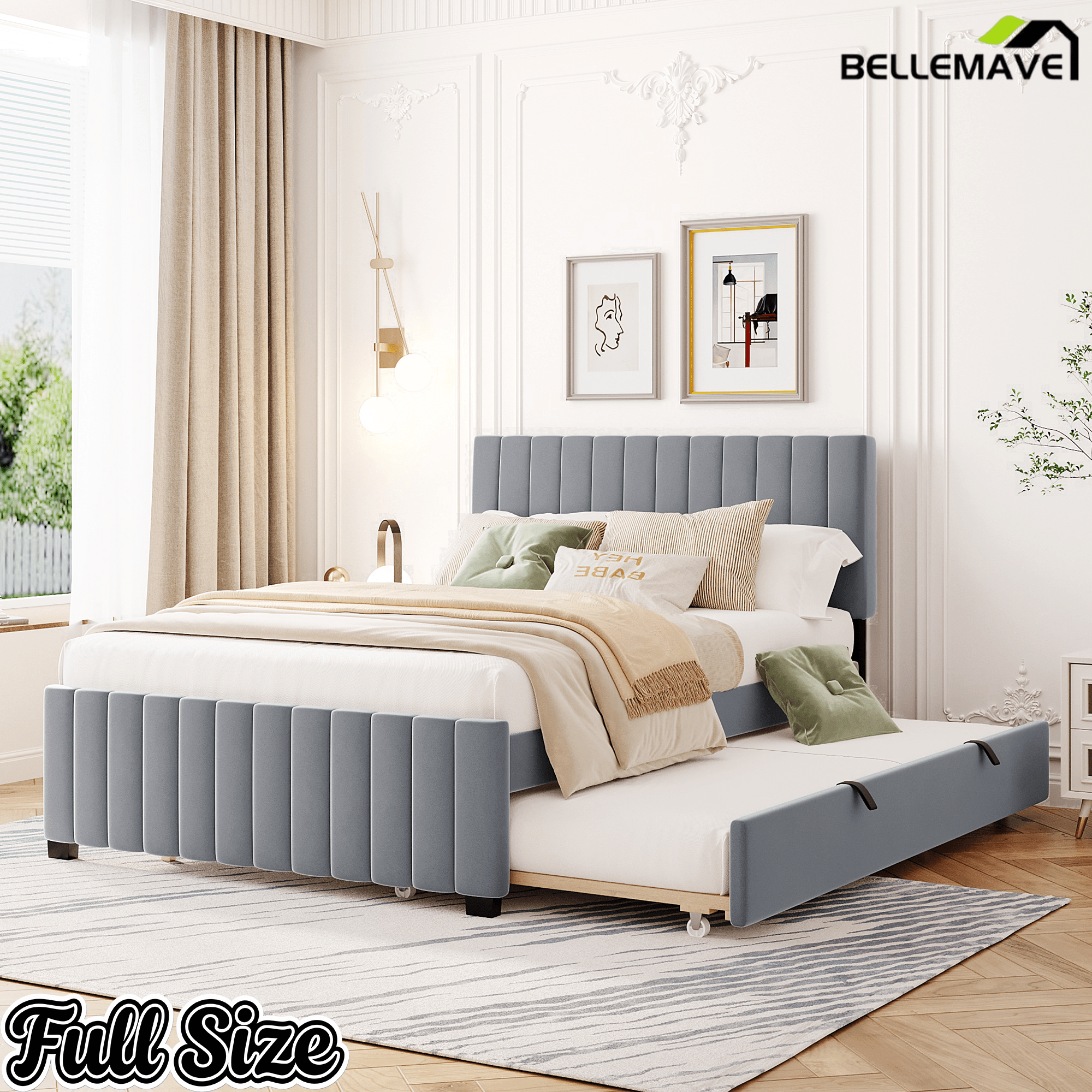 Bellemave® Trundle Bed Frame, Velvet Upholstered Platform Bed with Wood Slats, No Box Spring Needed – Modern Bedroom Furniture - Bellemave