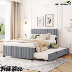 Bellemave® Trundle Bed Frame, Velvet Upholstered Platform Bed with Wood Slats, No Box Spring Needed – Modern Bedroom Furniture - Bellemave