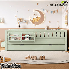 Bellemave® Twin Bed with Trundle Twin and Stairs, Twin Size Platform Bed Frame with Fence and Bookshelf, Natural - Bellemave