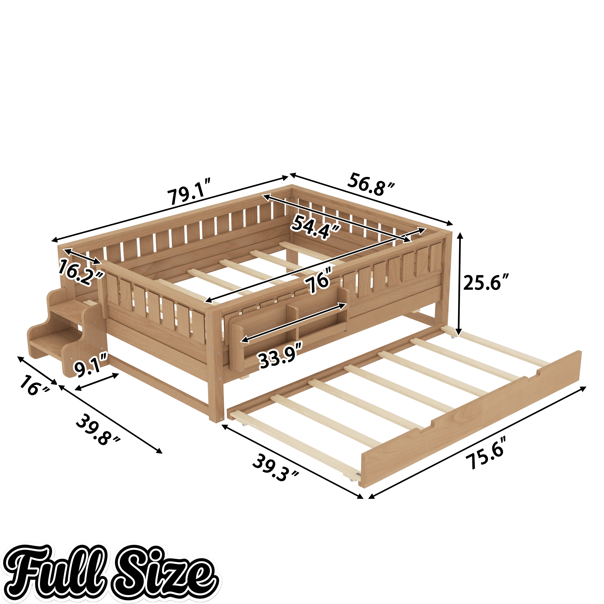 Bellemave® Twin Bed with Trundle Twin and Stairs, Twin Size Platform Bed Frame with Fence and Bookshelf, Natural - Bellemave