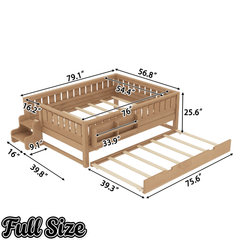 Bellemave® Twin Bed with Trundle Twin and Stairs, Twin Size Platform Bed Frame with Fence and Bookshelf, Natural - Bellemave