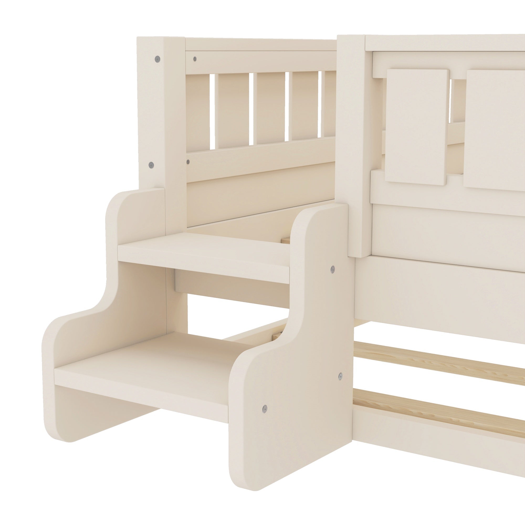 Bellemave® Twin Bed with Trundle Twin and Stairs, Twin Size Platform Bed Frame with Fence and Bookshelf, Natural - Bellemave