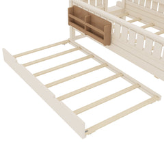 Bellemave® Twin Bed with Trundle Twin and Stairs, Twin Size Platform Bed Frame with Fence and Bookshelf, Natural - Bellemave