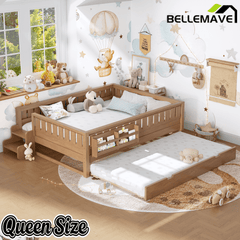 Bellemave® Twin Bed with Trundle Twin and Stairs, Twin Size Platform Bed Frame with Fence and Bookshelf, Natural - Bellemave